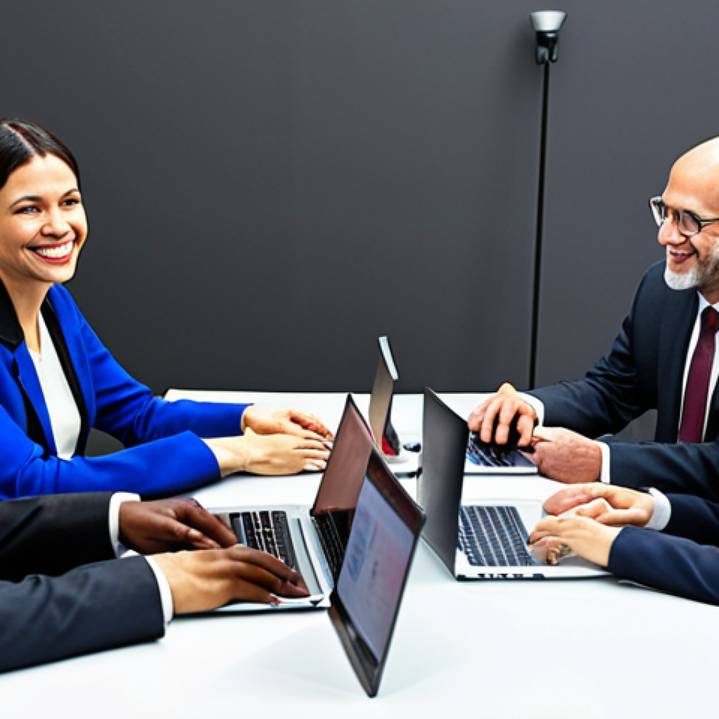 **Image of a diverse group of business people from around the world sitting at a table, negotiating a trade deal. Some are smiling and shaking hands. Include laptops and documents on the table. The overall style should be professional and modern, with a subtle background suggesting an international trade show.**