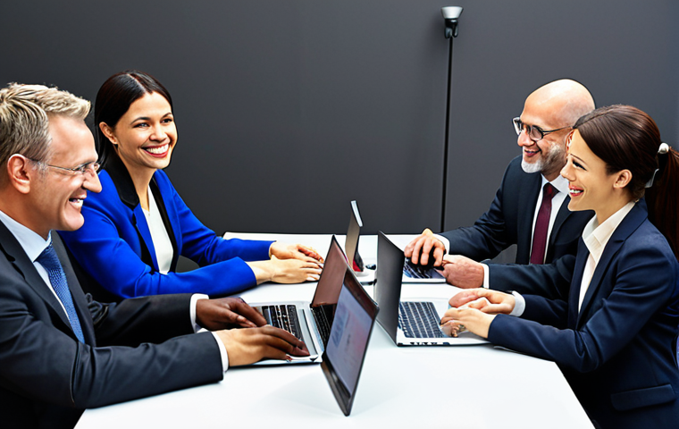 **Image of a diverse group of business people from around the world sitting at a table, negotiating a trade deal. Some are smiling and shaking hands. Include laptops and documents on the table. The overall style should be professional and modern, with a subtle background suggesting an international trade show.**