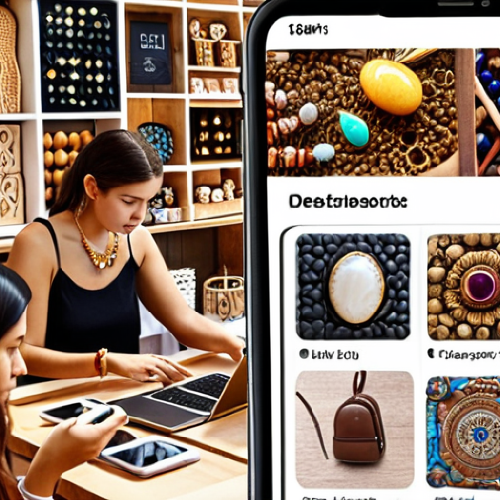 **A vibrant digital marketplace scene. Shoppers browse online stores on their phones and laptops. A small local artisan showcases handmade jewelry on a social media platform, with international orders appearing on the screen. A subtle overlay of AI-powered chat bots assisting customers.**