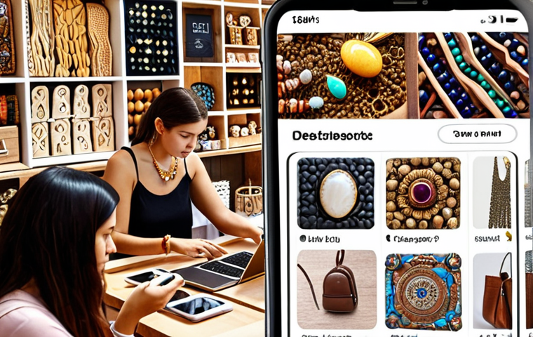 **A vibrant digital marketplace scene. Shoppers browse online stores on their phones and laptops. A small local artisan showcases handmade jewelry on a social media platform, with international orders appearing on the screen. A subtle overlay of AI-powered chat bots assisting customers.**