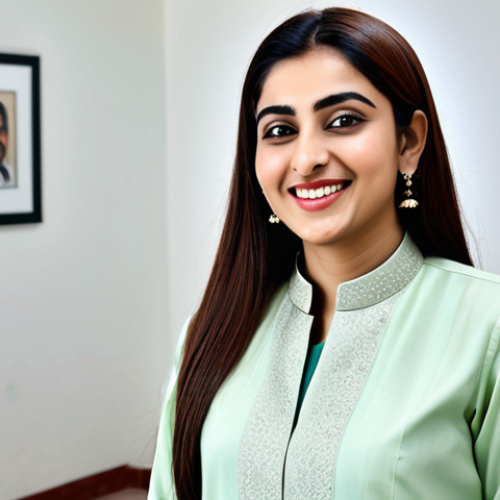 **

"A confident Pakistani businesswoman in a tailored shalwar kameez suit (fully clothed, modest clothing), smiling warmly in a modern office setting in Karachi, safe for work, appropriate content, professional, perfect anatomy, natural proportions, well-formed hands, proper finger count, natural pose, high-resolution, professional photography, family-friendly."

**