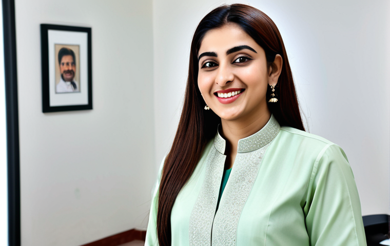 **

"A confident Pakistani businesswoman in a tailored shalwar kameez suit (fully clothed, modest clothing), smiling warmly in a modern office setting in Karachi, safe for work, appropriate content, professional, perfect anatomy, natural proportions, well-formed hands, proper finger count, natural pose, high-resolution, professional photography, family-friendly."

**