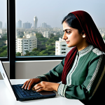 Businesswoman in Karachi**

"A professional Pakistani businesswoman, fully clothed in a modest shalwar kameez suitable for an office environment, working on a laptop in a modern office in Karachi, Pakistan. The background includes a view of the city skyline. Appropriate attire, safe for work, perfect anatomy, natural proportions, professional, family-friendly, high quality."

**