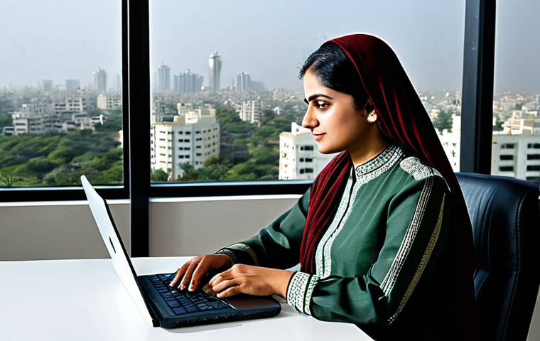 Businesswoman in Karachi**

"A professional Pakistani businesswoman, fully clothed in a modest shalwar kameez suitable for an office environment, working on a laptop in a modern office in Karachi, Pakistan. The background includes a view of the city skyline. Appropriate attire, safe for work, perfect anatomy, natural proportions, professional, family-friendly, high quality."

**
